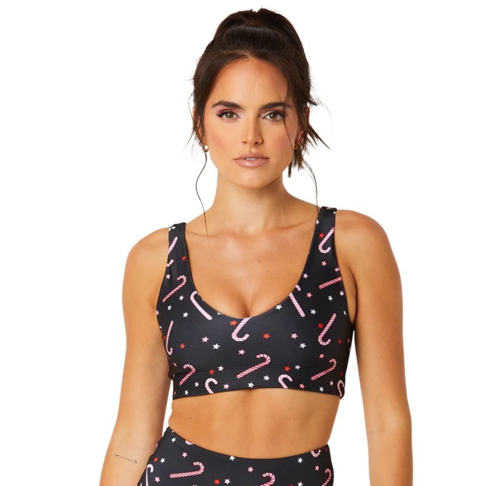 NWT Goldsheep Black Pink Candy Canes U-Bra Holiday Festive Christmas Sports Bra